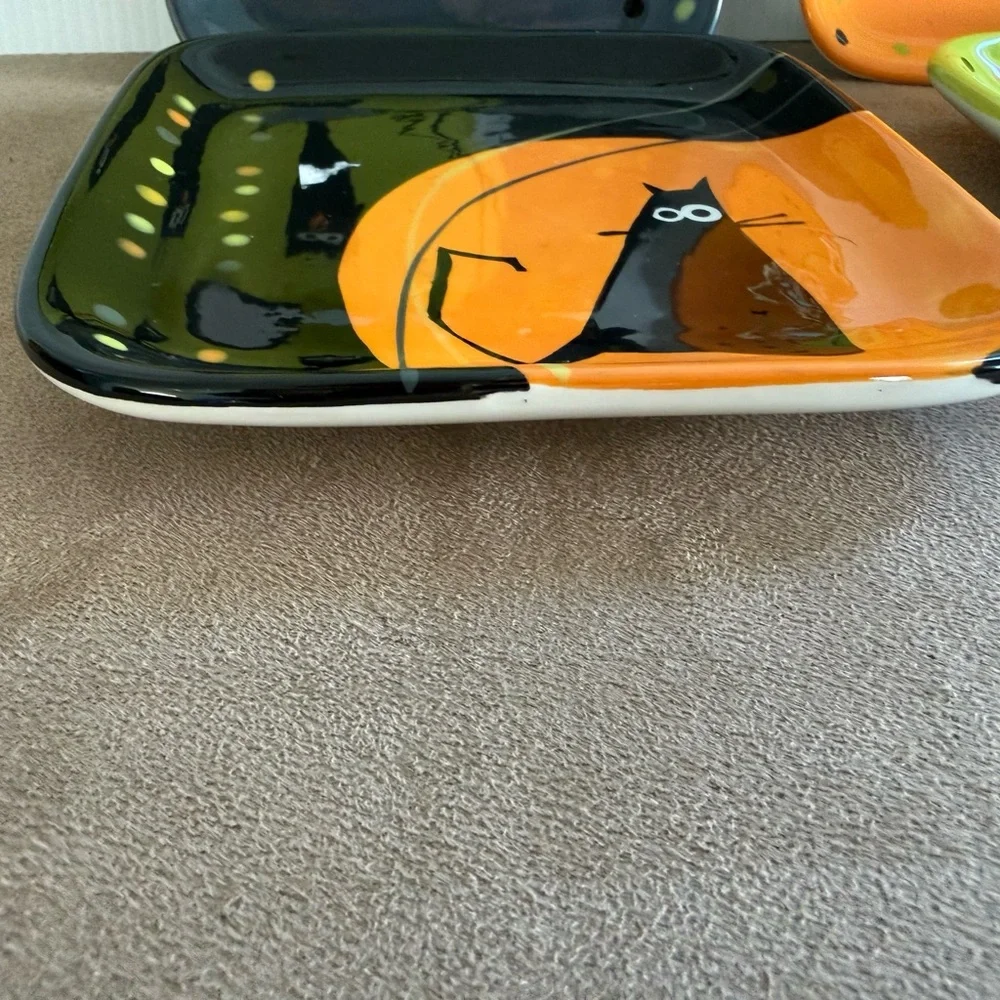 Sur La Table Halloween Cat and Bat Plates - Black, Orange, Green